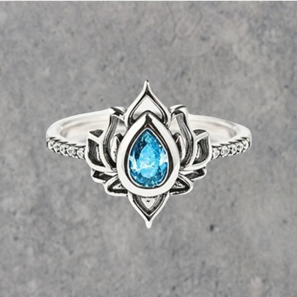 Lotus Flower Blue Stone Ring, Sterling Silver, Minimalist Boho Jewelry